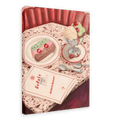 A Gelato Gatto Giclée Canvas Print by Hôtel Dodo featuring a terrazzo tabletop with a slice of spumoni ice cream cake on a plate, a sundae in a metal dish, two spoons, and a menu, set against the backdrop of a red booth.