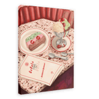 A Gelato Gatto Giclée Canvas Print by Hôtel Dodo featuring a terrazzo tabletop with a slice of spumoni ice cream cake on a plate, a sundae in a metal dish, two spoons, and a menu, set against the backdrop of a red booth.