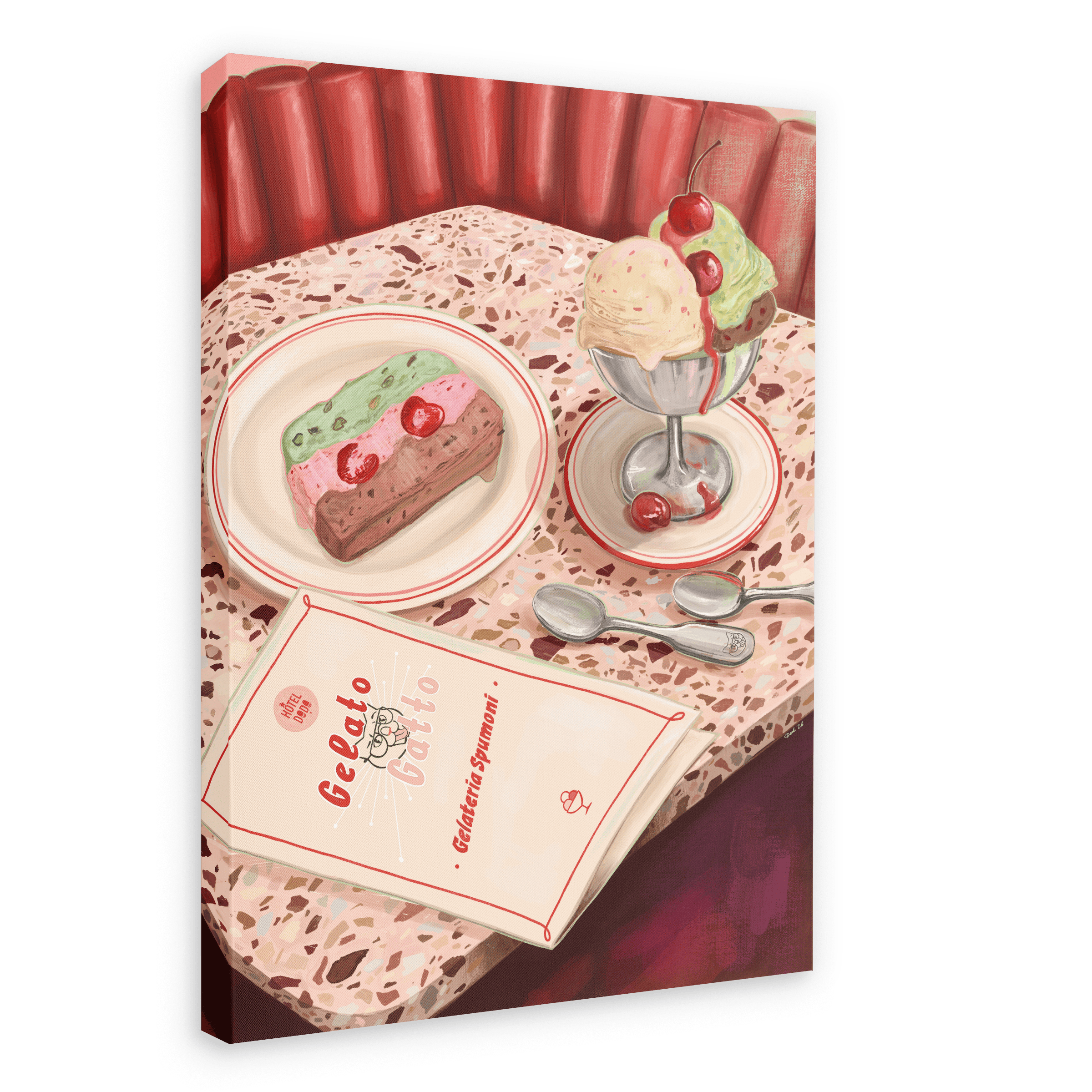 A Gelato Gatto Giclée Canvas Print by Hôtel Dodo featuring a terrazzo tabletop with a slice of spumoni ice cream cake on a plate, a sundae in a metal dish, two spoons, and a menu, set against the backdrop of a red booth.
