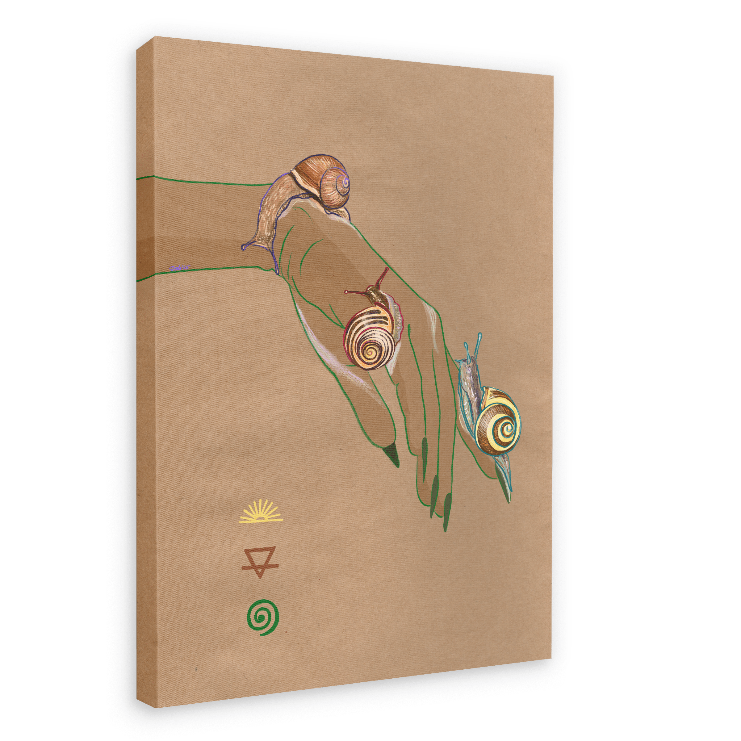 The Spring Snails Matte Canvas Print by Beauty and the Beastie features an illustrated hand with three spiral-shelled snails gliding gracefully across tan fingers, enhanced by minimalistic symbols.