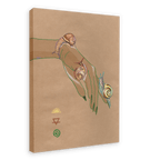 The Spring Snails Matte Canvas Print by Beauty and the Beastie features an illustrated hand with three spiral-shelled snails gliding gracefully across tan fingers, enhanced by minimalistic symbols.