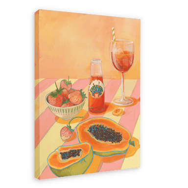 The L'Aperitivo Leopardo Giclée Canvas Print by Hôtel Dodo captures the essence of an Indian summer picnic, featuring a table with halved papayas, a bowl of strawberries, a bottle of Topo Chico, and a glass of iced tea on a striped tablecloth.