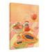 The L'Aperitivo Leopardo Giclée Canvas Print by Hôtel Dodo captures the essence of an Indian summer picnic, featuring a table with halved papayas, a bowl of strawberries, a bottle of Topo Chico, and a glass of iced tea on a striped tablecloth.