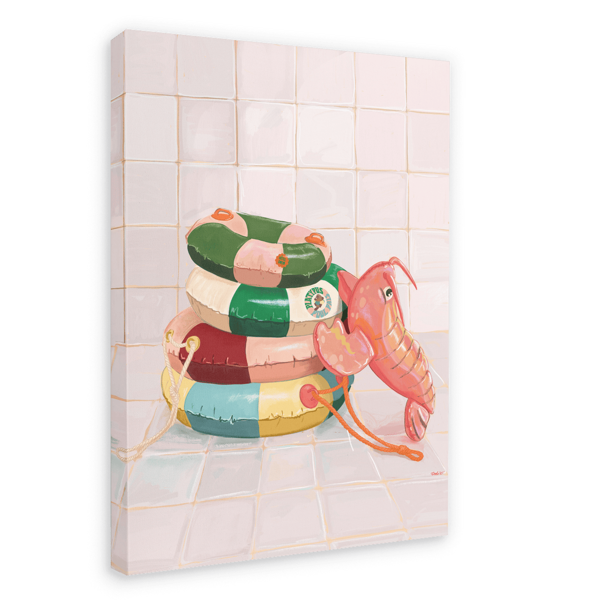 A giclée canvas print from Hôtel Dodo, featuring the Platypus Pool Pals collection, depicts a trio of vibrant, striped pool rings and a pink inflatable lobster resting on a tiled floor against a tiled wall.