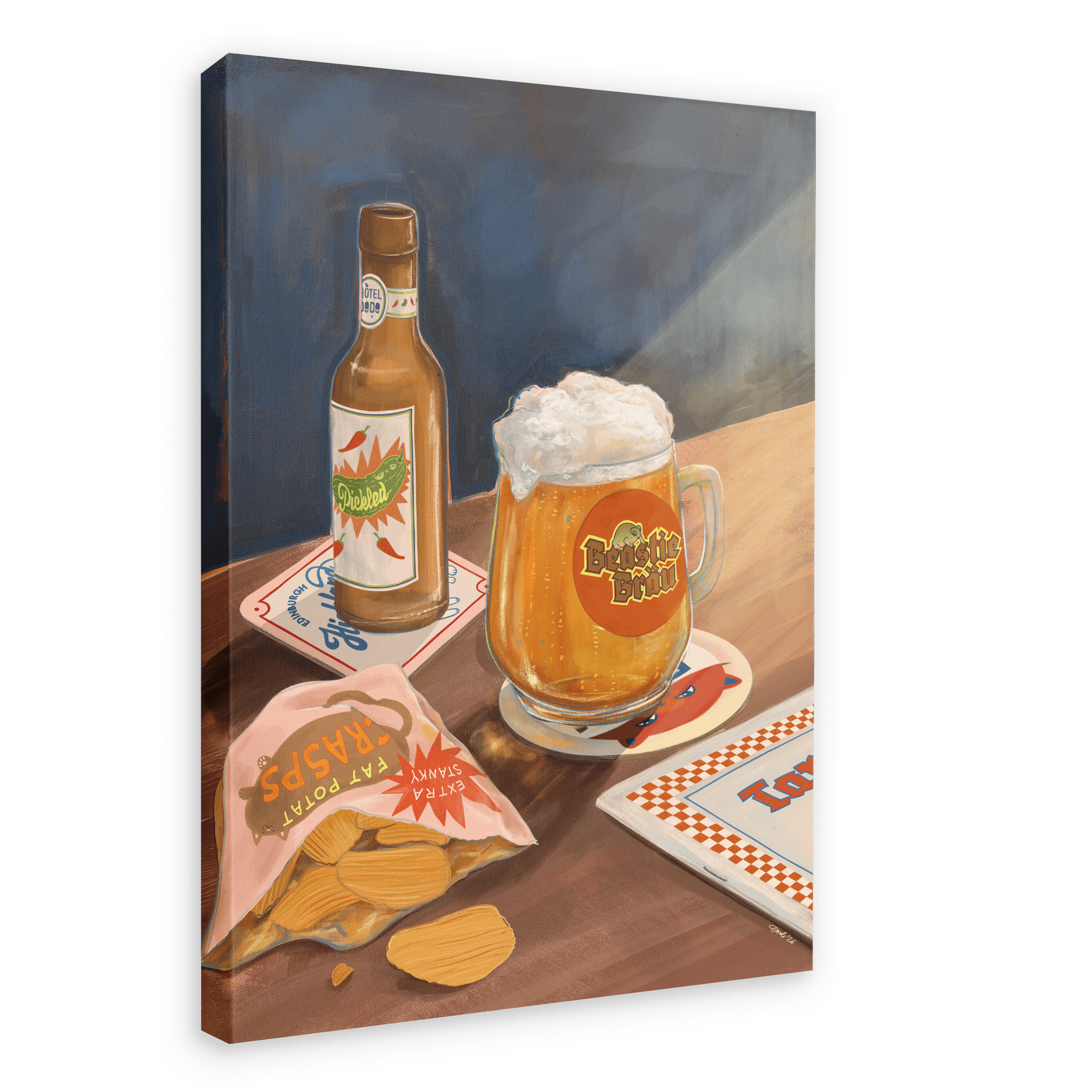 A beer bottle, a foamy mug displaying the “Beastie Bräu” logo, an open bag of potato chips, and coasters rest on a wooden table in bright light in this Hôtel Dodo giclée canvas print.