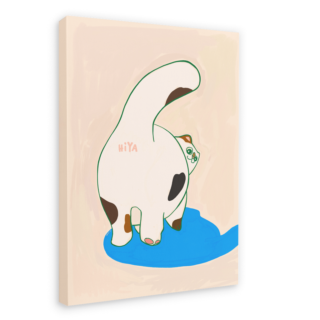 A playful cat from Sketchy Strays’ Trudy Booty Patootie Cat Matte Canvas Print strikes a backward pose with black spots, its tail up, and “HIYA” written on its back beside a blue puddle on a beige background.