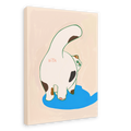 A playful cat from Sketchy Strays’ Trudy Booty Patootie Cat Matte Canvas Print strikes a backward pose with black spots, its tail up, and “HIYA” written on its back beside a blue puddle on a beige background.