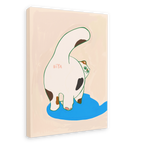 A playful cat from Sketchy Strays’ Trudy Booty Patootie Cat Matte Canvas Print strikes a backward pose with black spots, its tail up, and “HIYA” written on its back beside a blue puddle on a beige background.