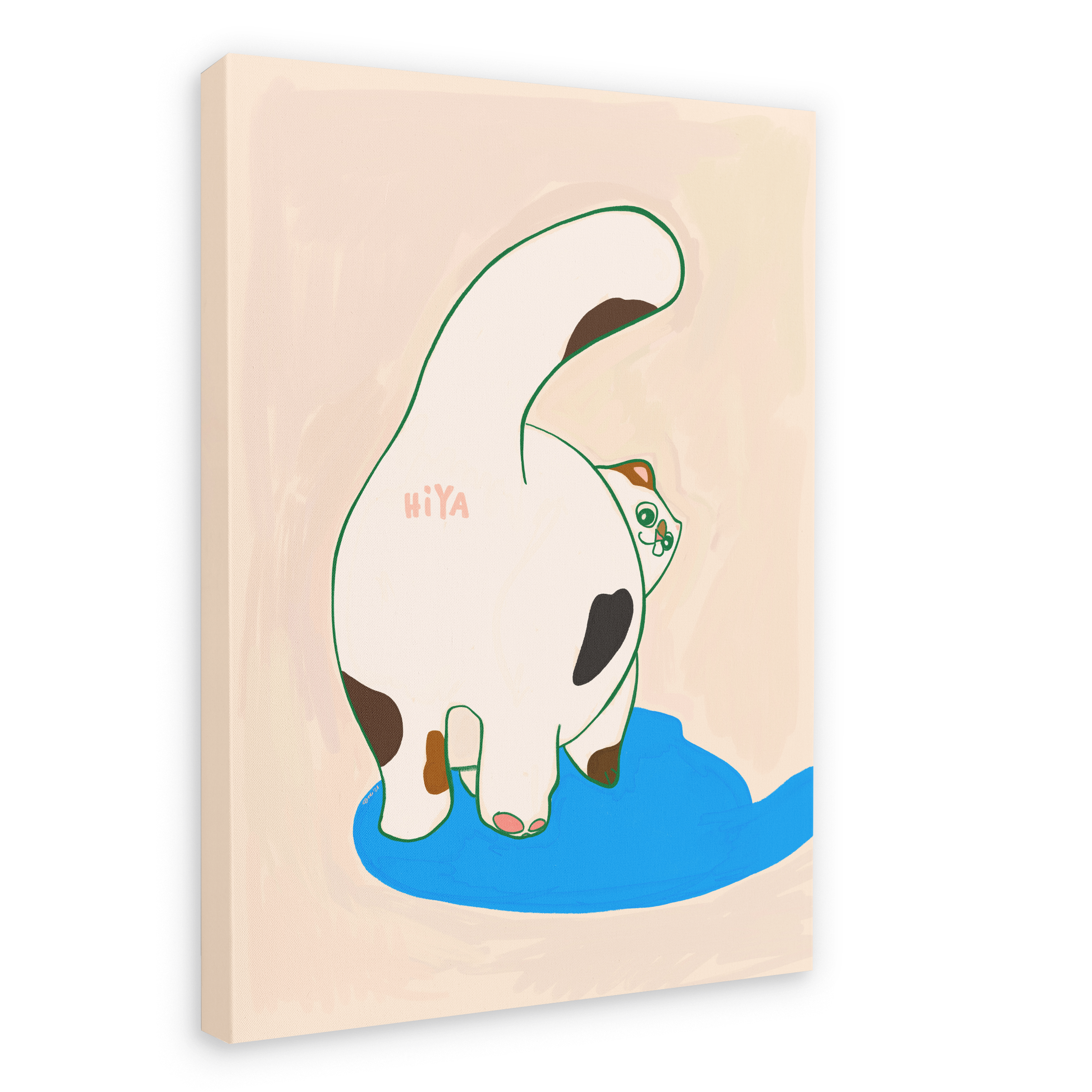A playful cat from Sketchy Strays’ Trudy Booty Patootie Cat Matte Canvas Print strikes a backward pose with black spots, its tail up, and “HIYA” written on its back beside a blue puddle on a beige background.