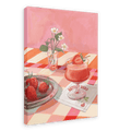 A glass of strawberry dessert with a strawberry garnish sits on a checkered table beside a plate of strawberries, a napkin labeled “Hôtel Dodo,” and a small vase with white flowers, capturing the whimsical charm of the Daiquiri Dreams Giclée Canvas Print by Hôtel Dodo and the elegance of refined strawberry cocktails.