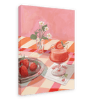 A glass of strawberry dessert with a strawberry garnish sits on a checkered table beside a plate of strawberries, a napkin labeled “Hôtel Dodo,” and a small vase with white flowers, capturing the whimsical charm of the Daiquiri Dreams Giclée Canvas Print by Hôtel Dodo and the elegance of refined strawberry cocktails.