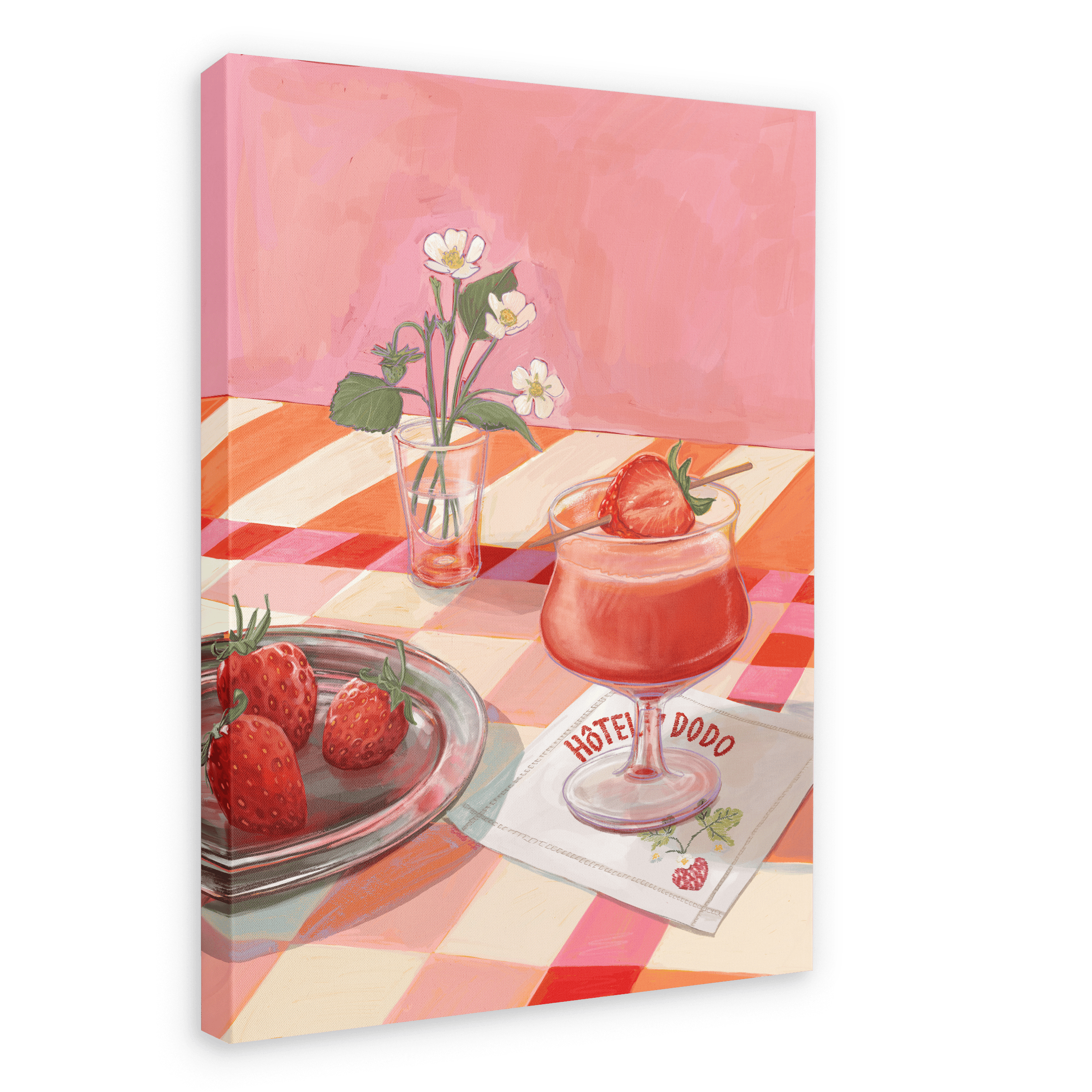 A glass of strawberry dessert with a strawberry garnish sits on a checkered table beside a plate of strawberries, a napkin labeled “Hôtel Dodo,” and a small vase with white flowers, capturing the whimsical charm of the Daiquiri Dreams Giclée Canvas Print by Hôtel Dodo and the elegance of refined strawberry cocktails.