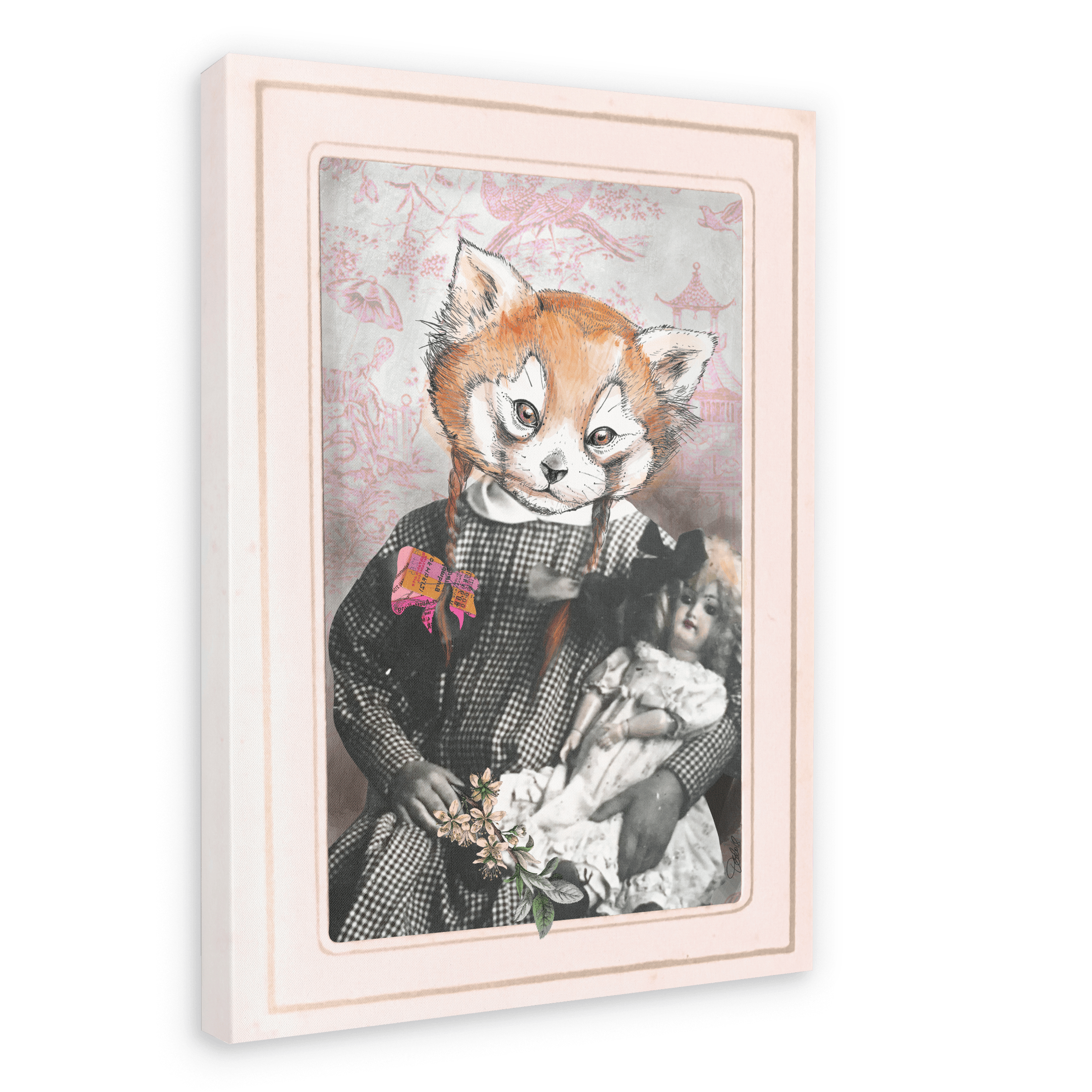 The Red Panda Dolly Girl Canvas Print by Animals In Suits features a whimsical portrait of a figure holding a doll, their head reimagined as an illustrated red panda. Pink accents in the background and delicate details reminiscent of vintage botanical illustrations create a charming yet playful artwork perfect for unique decor.