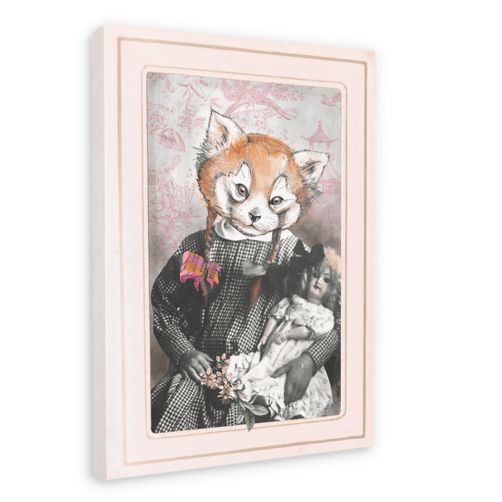 The Red Panda Dolly Girl Canvas Print by Animals In Suits features a whimsical portrait of a figure holding a doll, their head reimagined as an illustrated red panda. Pink accents in the background and delicate details reminiscent of vintage botanical illustrations create a charming yet playful artwork perfect for unique decor.