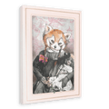 The Red Panda Dolly Girl Canvas Print by Animals In Suits features a whimsical portrait of a figure holding a doll, their head reimagined as an illustrated red panda. Pink accents in the background and delicate details reminiscent of vintage botanical illustrations create a charming yet playful artwork perfect for unique decor.