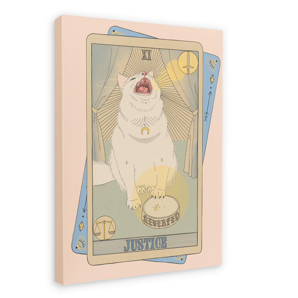 The Tarot Cats “Justice Canvas Print” features an illustration of a white cat sitting and meowing on a Justice tarot card, adorned with scales and a sword to symbolize the Libra traits of balance and fairness influenced by Venus.