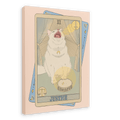 The Tarot Cats “Justice Canvas Print” features an illustration of a white cat sitting and meowing on a Justice tarot card, adorned with scales and a sword to symbolize the Libra traits of balance and fairness influenced by Venus.