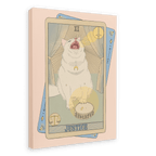 The Tarot Cats “Justice Canvas Print” features an illustration of a white cat sitting and meowing on a Justice tarot card, adorned with scales and a sword to symbolize the Libra traits of balance and fairness influenced by Venus.