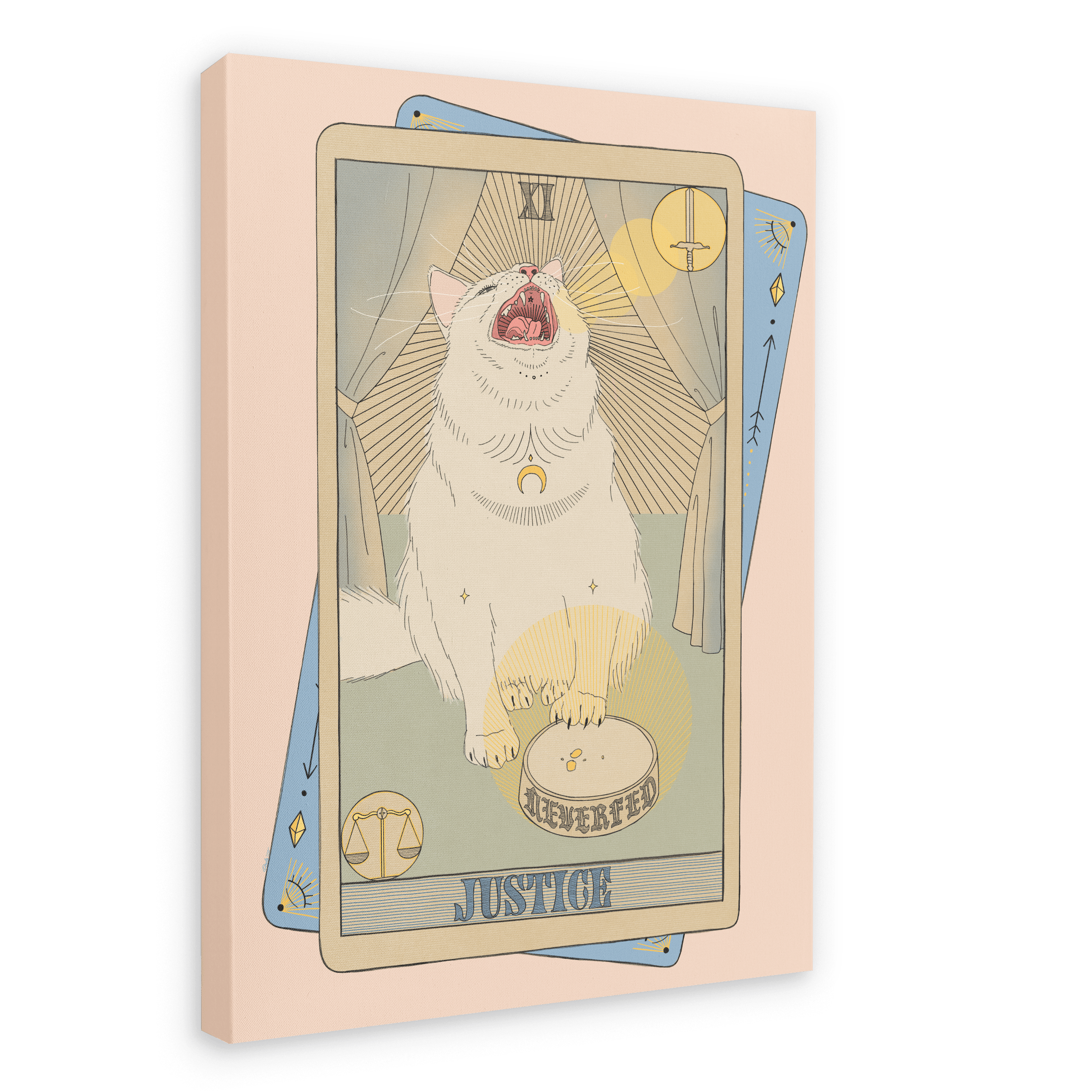 The Tarot Cats “Justice Canvas Print” features an illustration of a white cat sitting and meowing on a Justice tarot card, adorned with scales and a sword to symbolize the Libra traits of balance and fairness influenced by Venus.