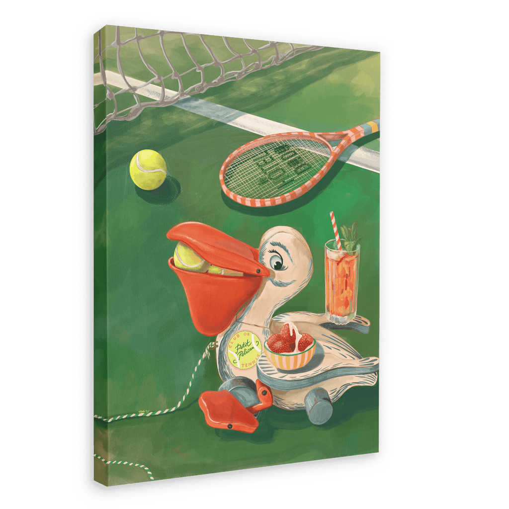 The Petit Pélican Tennis Club Giclée Canvas Print by Hôtel Dodo features a whimsical pelican perched on a tennis court, clutching a tennis ball in its beak; surrounding it are a racket, extra tennis balls, juicy strawberries and cream, and a glass of refreshing Pimm’s and lemonade.