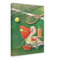 The Petit Pélican Tennis Club Giclée Canvas Print by Hôtel Dodo features a whimsical pelican perched on a tennis court, clutching a tennis ball in its beak; surrounding it are a racket, extra tennis balls, juicy strawberries and cream, and a glass of refreshing Pimm’s and lemonade.