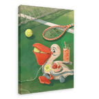 The Petit Pélican Tennis Club Giclée Canvas Print by Hôtel Dodo features a whimsical pelican perched on a tennis court, clutching a tennis ball in its beak; surrounding it are a racket, extra tennis balls, juicy strawberries and cream, and a glass of refreshing Pimm’s and lemonade.