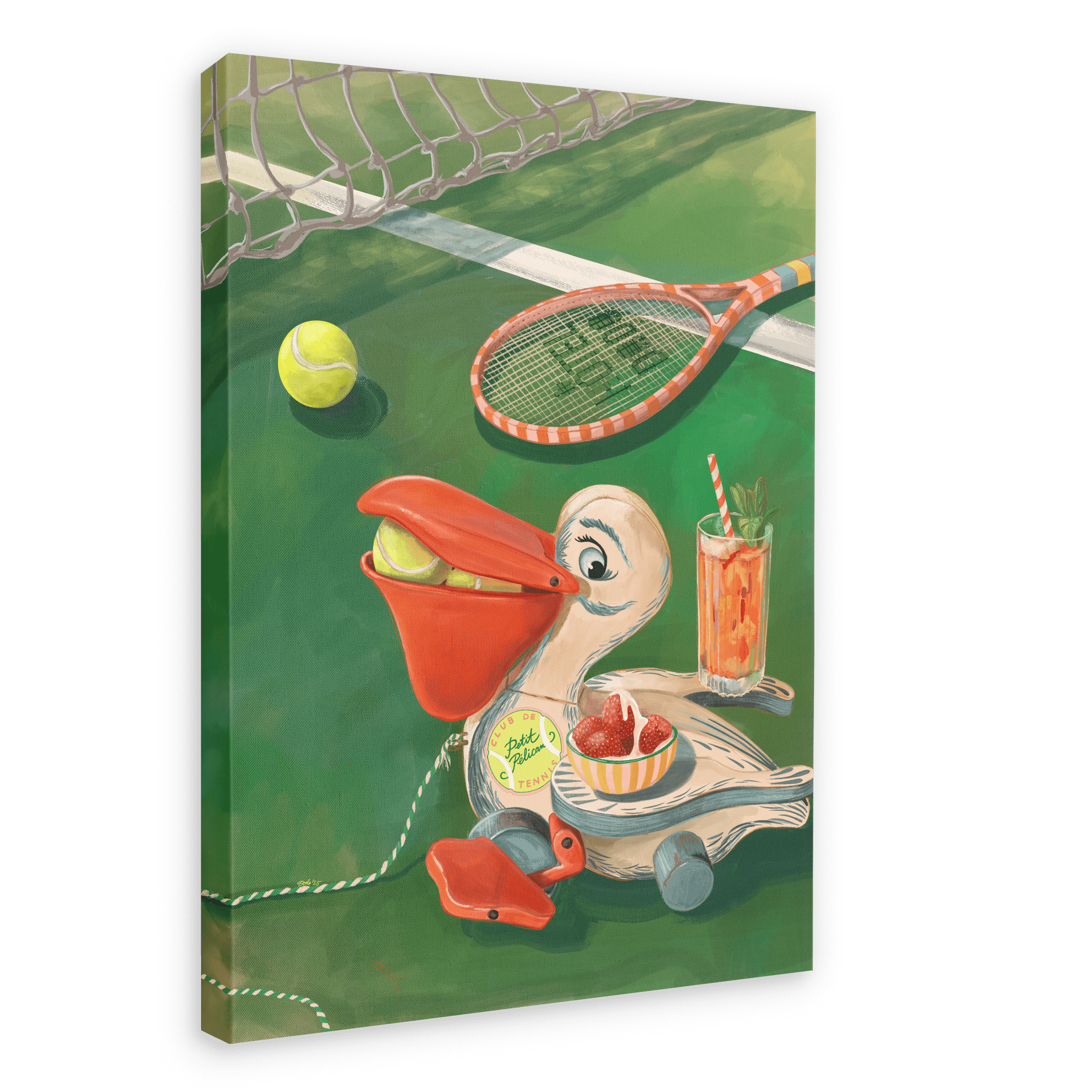 The Petit Pélican Tennis Club Giclée Canvas Print by Hôtel Dodo features a whimsical pelican perched on a tennis court, clutching a tennis ball in its beak; surrounding it are a racket, extra tennis balls, juicy strawberries and cream, and a glass of refreshing Pimm’s and lemonade.