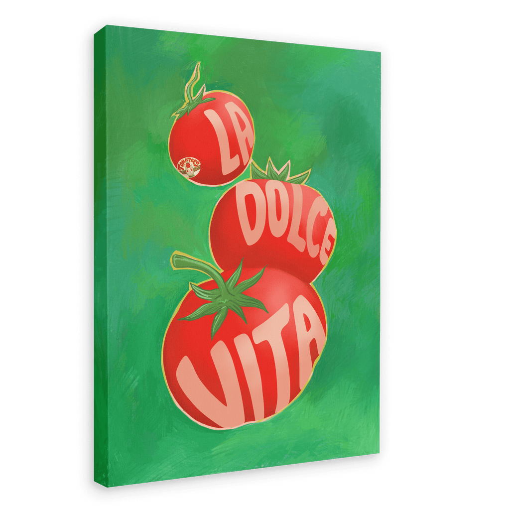 An artwork from Intercontinental Fruitery titled "Pomodori La Dolce Vita Giclée Canvas Print" features three red tomatoes stacked on a green background with the words "La Dolce Vita" written on them.