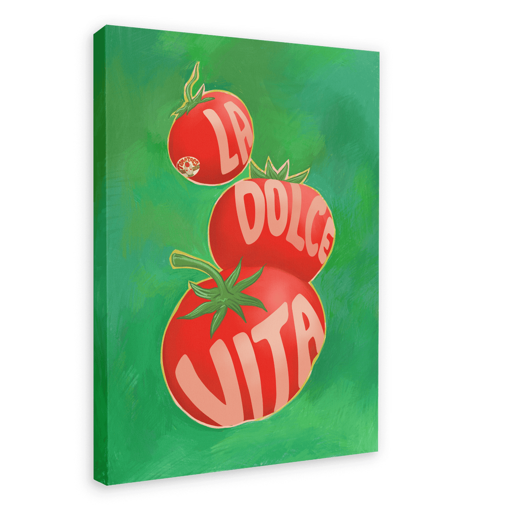 An artwork from Intercontinental Fruitery titled "Pomodori La Dolce Vita Giclée Canvas Print" features three red tomatoes stacked on a green background with the words "La Dolce Vita" written on them.