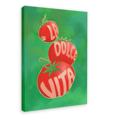 An artwork from Intercontinental Fruitery titled "Pomodori La Dolce Vita Giclée Canvas Print" features three red tomatoes stacked on a green background with the words "La Dolce Vita" written on them.