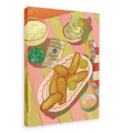 The Frickle Feast Giclée Canvas Print by Hôtel Dodo depicts a vibrant painted scene featuring fried pickles on a plate with dipping sauce, a margarita, soft serve ice cream, pickles, a napkin, and a festival ticket arranged on a colorful striped table—perfectly encapsulating the festive spirit and tempting pickle treats of the Pickle Festival.