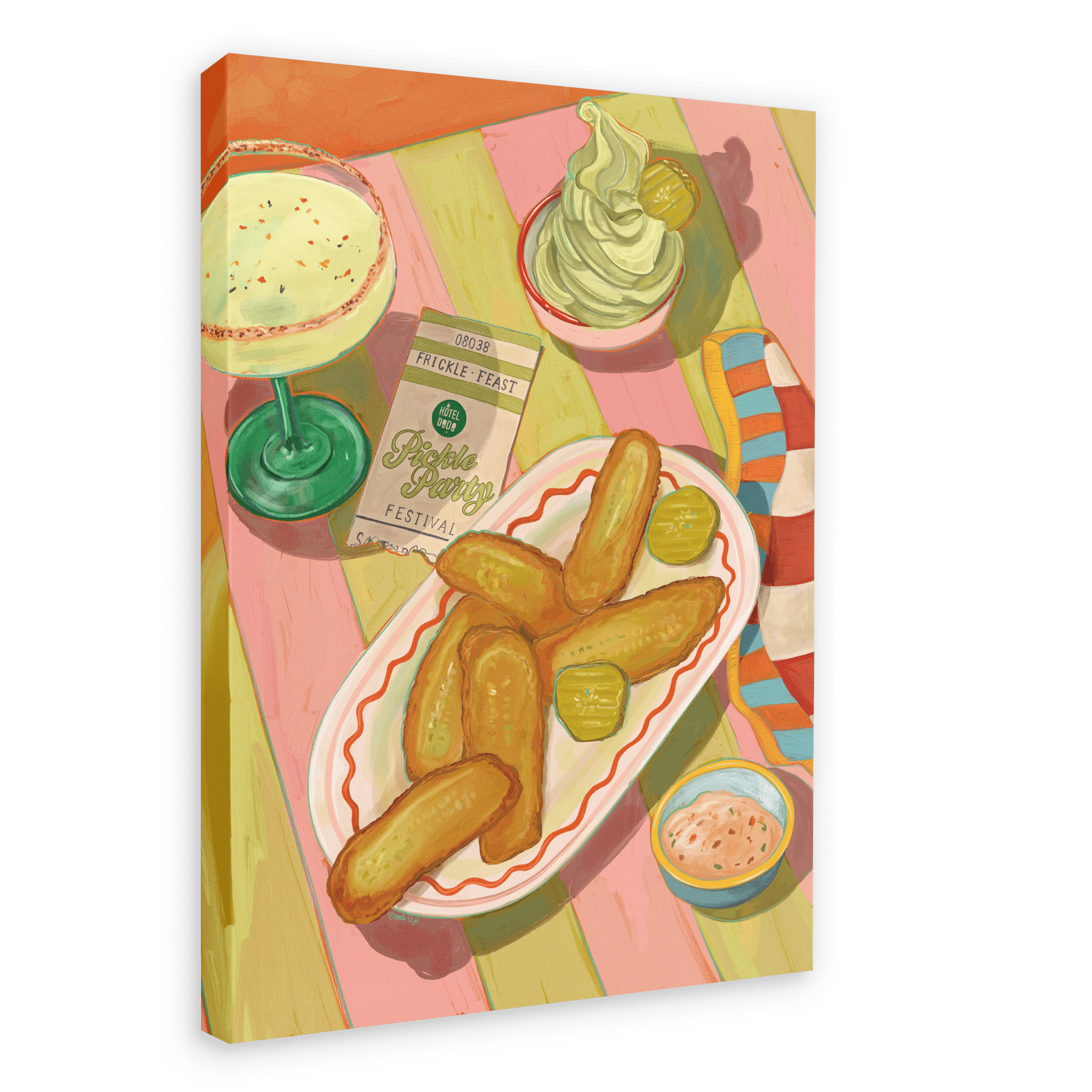 The Frickle Feast Giclée Canvas Print by Hôtel Dodo depicts a vibrant painted scene featuring fried pickles on a plate with dipping sauce, a margarita, soft serve ice cream, pickles, a napkin, and a festival ticket arranged on a colorful striped table—perfectly encapsulating the festive spirit and tempting pickle treats of the Pickle Festival.