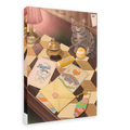 A Highland Tiger Lodge Giclée Canvas Print by Hôtel Dodo depicts a tabby cat seated on a checkered table surrounded by letters, a cupcake, a lamp, a bell jar, banana candy, postcards, and an envelope sealed with wax.