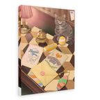 A Highland Tiger Lodge Giclée Canvas Print by Hôtel Dodo depicts a tabby cat seated on a checkered table surrounded by letters, a cupcake, a lamp, a bell jar, banana candy, postcards, and an envelope sealed with wax.