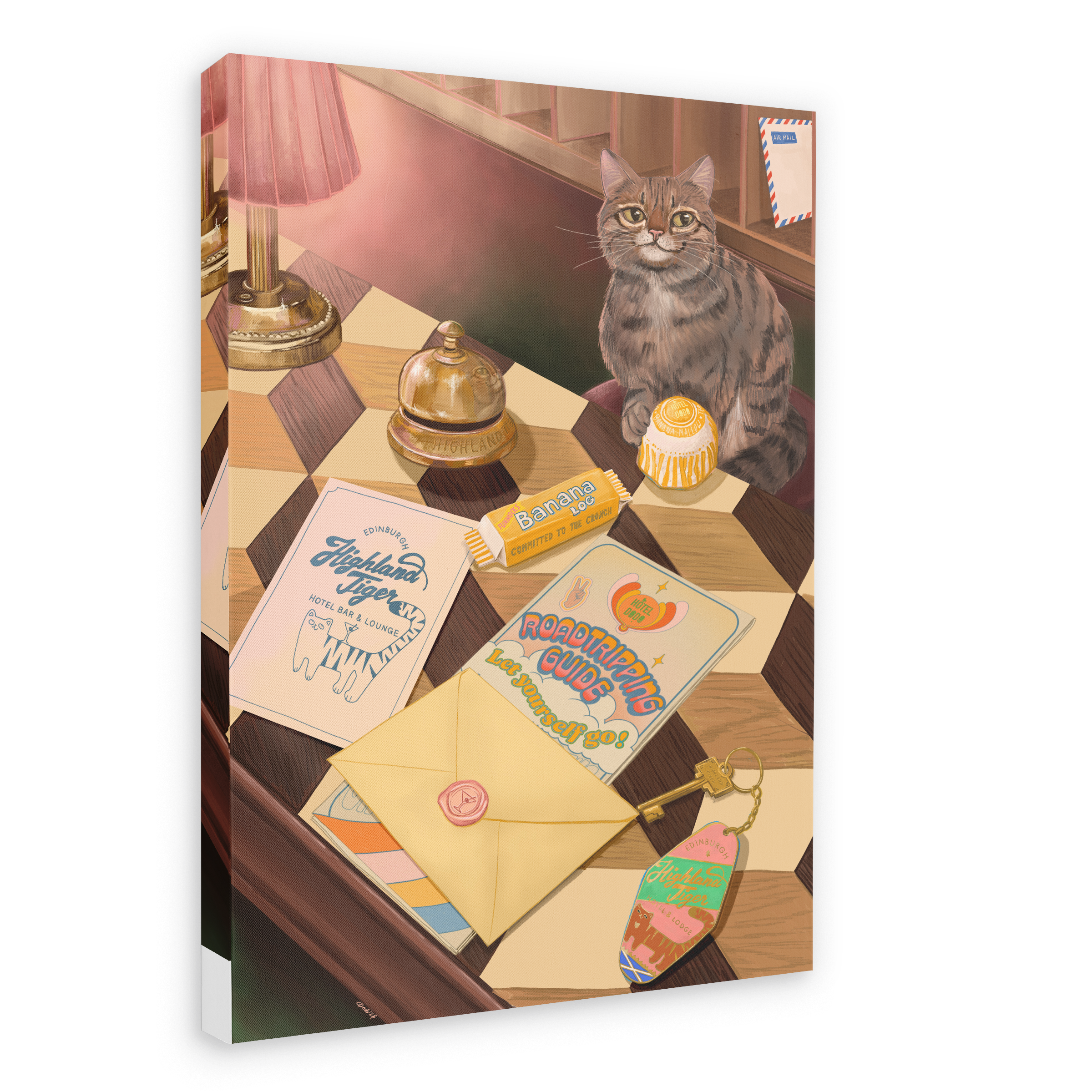 A Highland Tiger Lodge Giclée Canvas Print by Hôtel Dodo depicts a tabby cat seated on a checkered table surrounded by letters, a cupcake, a lamp, a bell jar, banana candy, postcards, and an envelope sealed with wax.