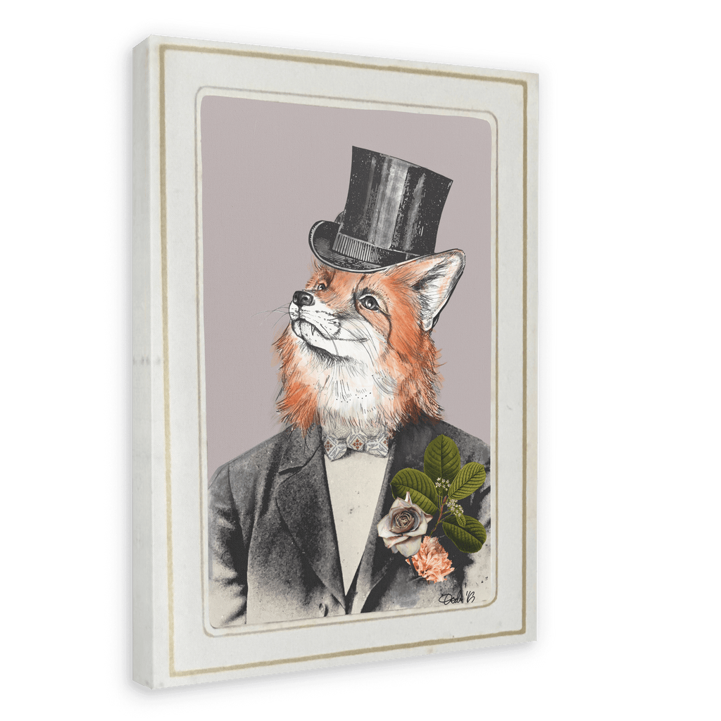 The “Fox In A Suit Canvas Print” by Animals In Suits features an illustration of a fox wearing a suit and top hat, adorned with a floral boutonniere inspired by vintage botanical art, set against a plain background and displayed on a framed canvas.