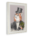 The “Fox In A Suit Canvas Print” by Animals In Suits features an illustration of a fox wearing a suit and top hat, adorned with a floral boutonniere inspired by vintage botanical art, set against a plain background and displayed on a framed canvas.