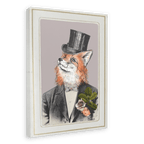 The “Fox In A Suit Canvas Print” by Animals In Suits features an illustration of a fox wearing a suit and top hat, adorned with a floral boutonniere inspired by vintage botanical art, set against a plain background and displayed on a framed canvas.