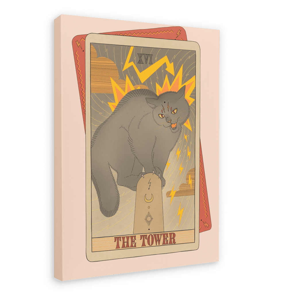 The Tower Canvas Print by Tarot Cats features an angry gray cat perched on a stone, surrounded by vibrant yellow lightning bolts and swirling clouds—an electrifying homage to vintage tarot cards with a whimsical feline twist from the collectible Tarot Cats art series.