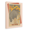 The Tower Canvas Print by Tarot Cats features an angry gray cat perched on a stone, surrounded by vibrant yellow lightning bolts and swirling clouds—an electrifying homage to vintage tarot cards with a whimsical feline twist from the collectible Tarot Cats art series.