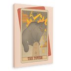 The Tower Canvas Print by Tarot Cats features an angry gray cat perched on a stone, surrounded by vibrant yellow lightning bolts and swirling clouds—an electrifying homage to vintage tarot cards with a whimsical feline twist from the collectible Tarot Cats art series.
