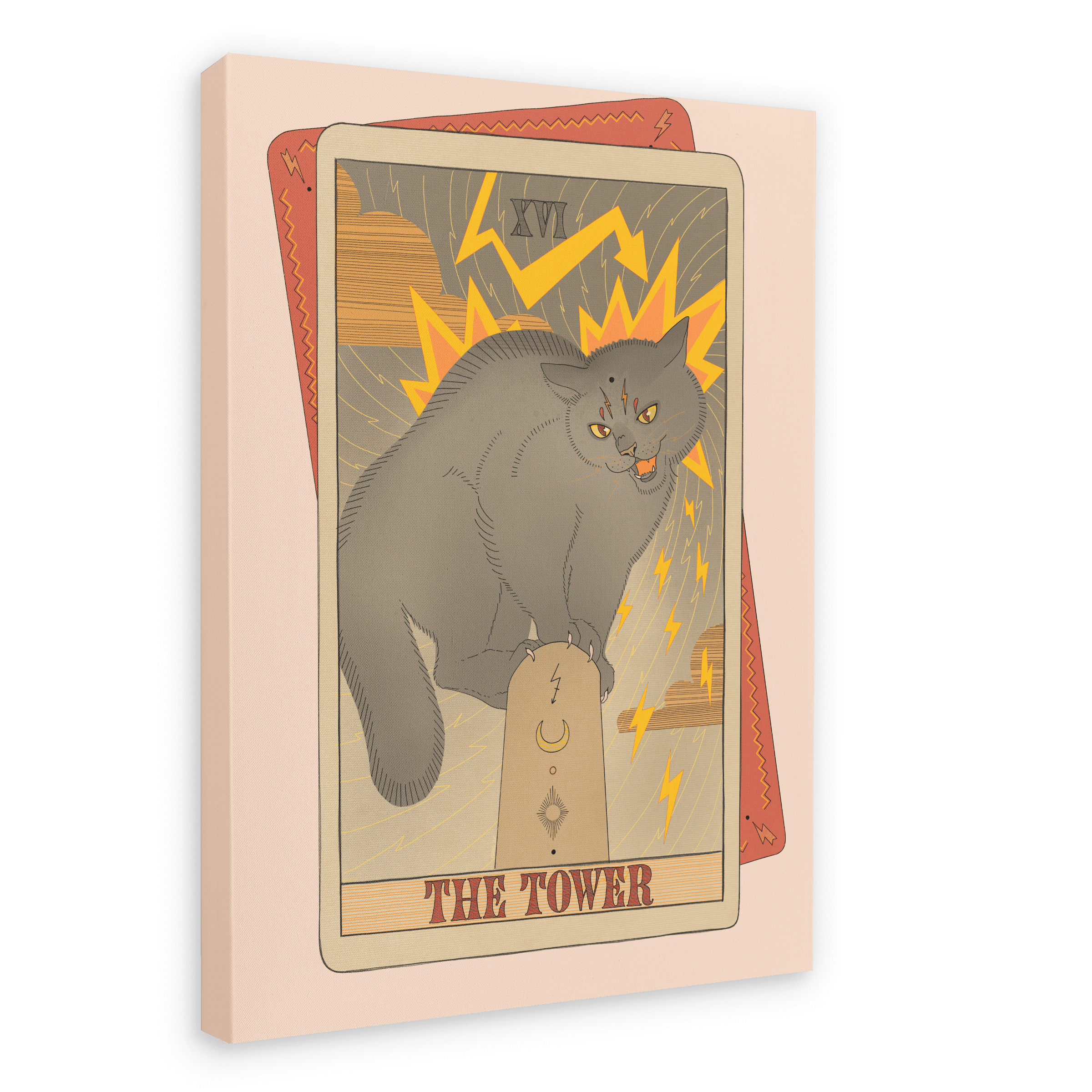 The Tower Canvas Print by Tarot Cats features an angry gray cat perched on a stone, surrounded by vibrant yellow lightning bolts and swirling clouds—an electrifying homage to vintage tarot cards with a whimsical feline twist from the collectible Tarot Cats art series.
