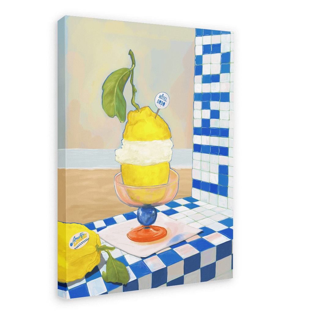 A giclée canvas print by Hôtel Dodo, titled “Amalfi Limoni,” depicting a lemon sorbet with cream in a glass dish on a tiled surface and set against a blue and white checkered background reminiscent of the Amalfi coast, featuring a “That’s my jam” sticker.