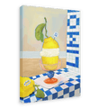 A giclée canvas print by Hôtel Dodo, titled “Amalfi Limoni,” depicting a lemon sorbet with cream in a glass dish on a tiled surface and set against a blue and white checkered background reminiscent of the Amalfi coast, featuring a “That’s my jam” sticker.