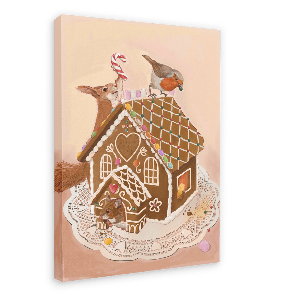 A Gingerpest House Giclée Canvas Print by Kitsch Kanaveral featuring a gingerbread house adorned with colorful candy decorations on a lace doily, with a squirrel and bird peering over it, accompanied by another small animal near the entrance.