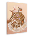 A Gingerpest House Giclée Canvas Print by Kitsch Kanaveral featuring a gingerbread house adorned with colorful candy decorations on a lace doily, with a squirrel and bird peering over it, accompanied by another small animal near the entrance.