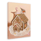 A Gingerpest House Giclée Canvas Print by Kitsch Kanaveral featuring a gingerbread house adorned with colorful candy decorations on a lace doily, with a squirrel and bird peering over it, accompanied by another small animal near the entrance.