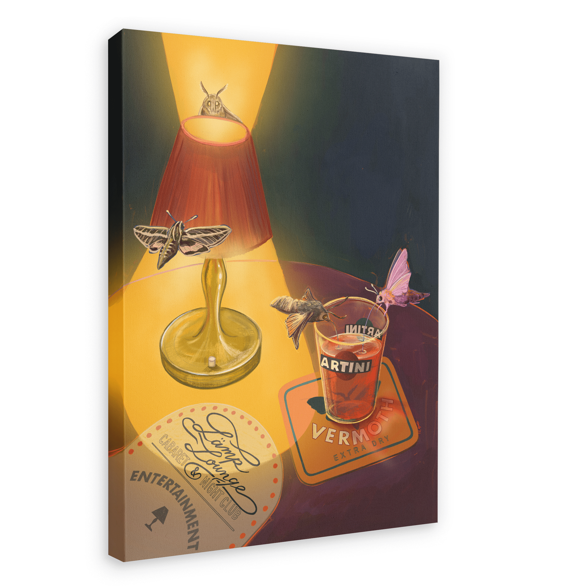The Lamp Lounge Giclée Canvas Print by Hôtel Dodo features a glowing lamp attracting two moths, a 