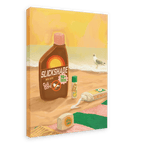 Sure! Here’s a rewritten sentence using your product data: A Hôtel Dodo Screen Queen Giclée Canvas Print featuring a beach scene with SPF sunscreen bottles, a tube labeled “SCREENQUEEN,” lip balm, and a seagull by the shore beneath a yellow sky.