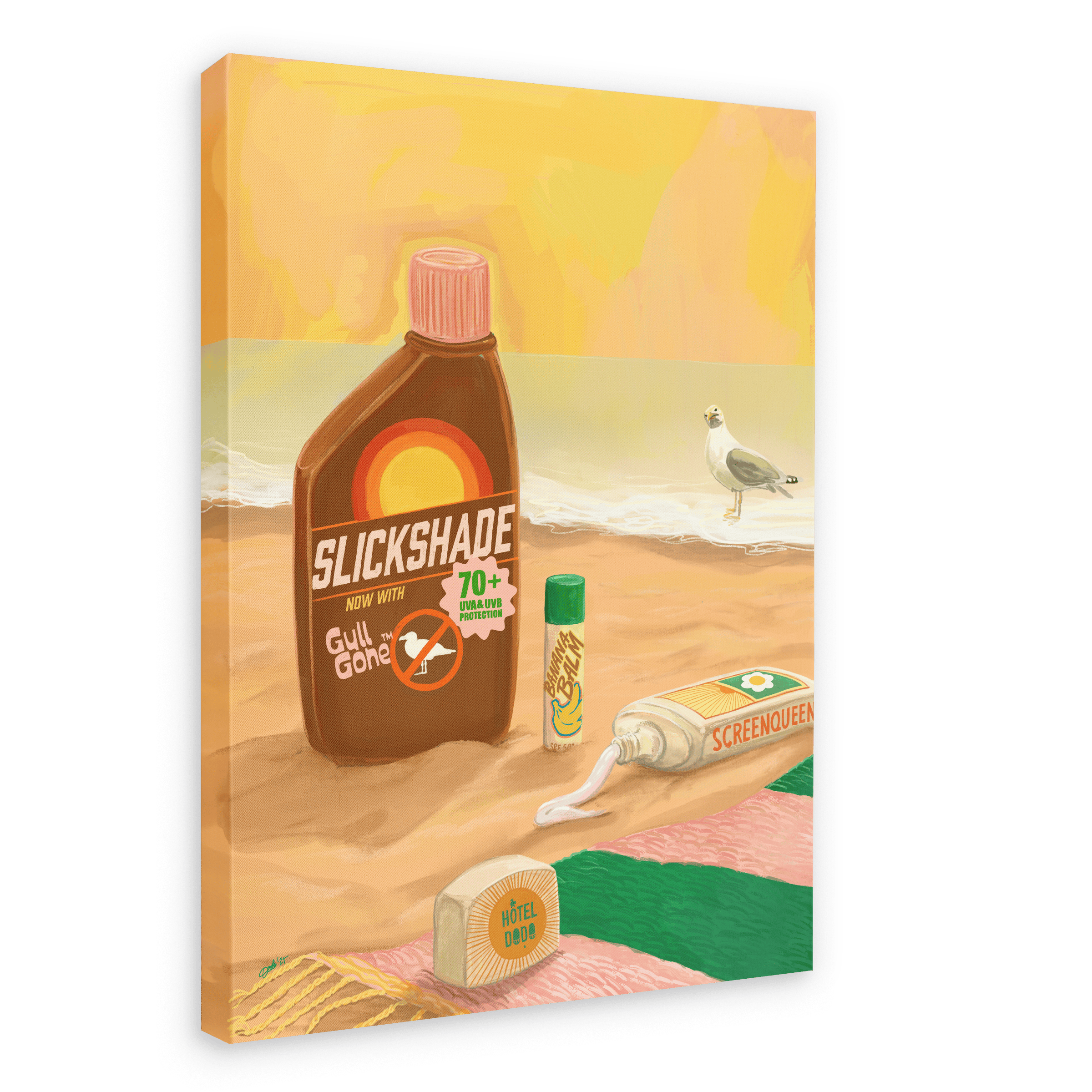 Sure! Here’s a rewritten sentence using your product data: A Hôtel Dodo Screen Queen Giclée Canvas Print featuring a beach scene with SPF sunscreen bottles, a tube labeled “SCREENQUEEN,” lip balm, and a seagull by the shore beneath a yellow sky.